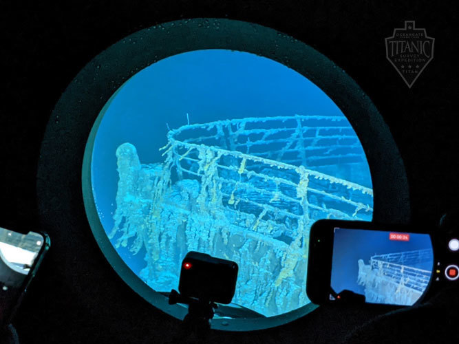 Historic view of the Titanic bow through a submersible viewport